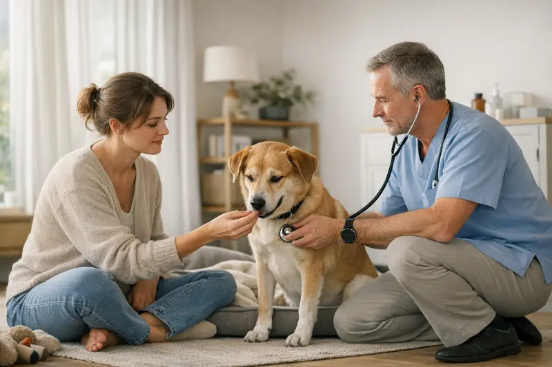 Ein Hund liegt entspannt in seinem Bett, während sein Besitzer außerhalb des Raums ist, was das Thema Alleinbleiben thematisiert.