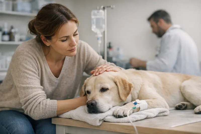 Tierarztbesuch wegen Verdacht auf Vergiftung Ein Hundebesitzer konsultiert einen Tierarzt wegen möglicher Vergiftung des Hundes.