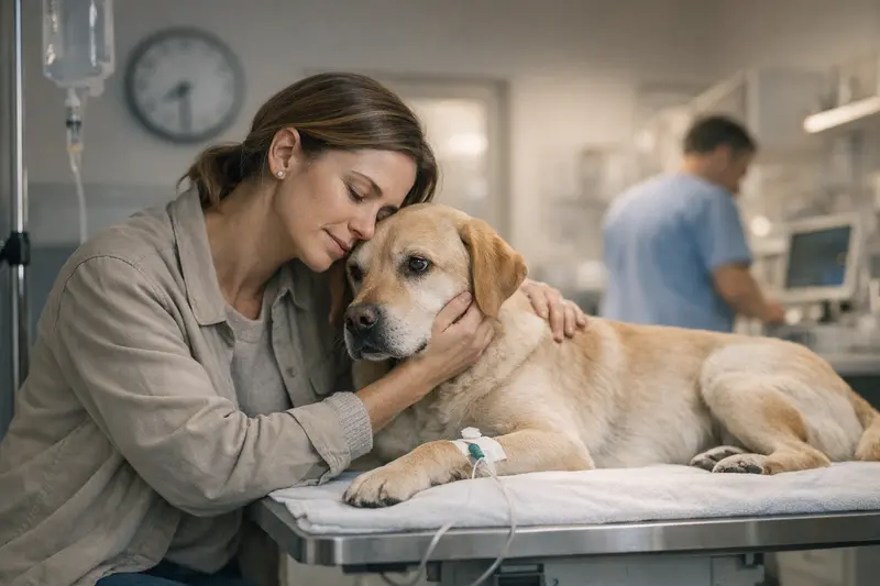 Hundefotografie während einer tierärztlichen Notdienstbehandlung, die zeigt, wie wichtig eine gute Versicherung für Ihren Hund ist.