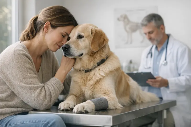 Vorerkrankungen und Hundeverversicherung Ein Hund mit einem Arzt, der über Vorerkrankungen und Versicherungsschutz spricht.