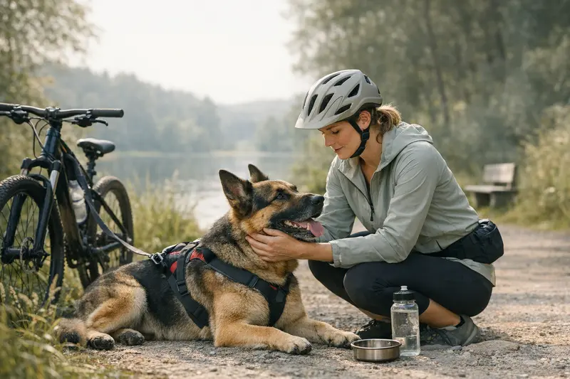 Hund läuft sicher neben einem Fahrrad auf einer ruhigen Strecke mit passender Ausrüstung.