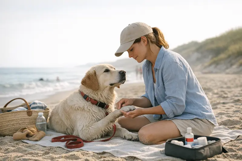 Ein Hund am Strand mit einem Tierarzt, der auf mögliche Gesundheitsrisiken nach dem Spiel im Sand hinweist.