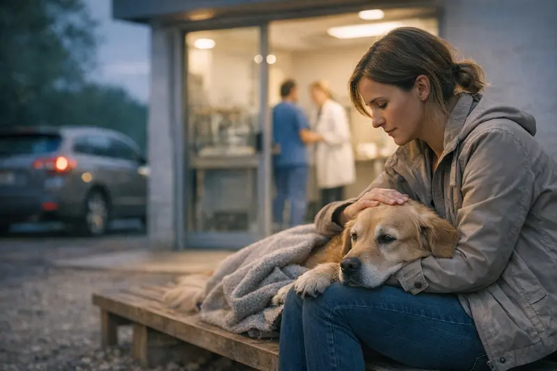 Hund beim Tierarzt am Wochenende Hund beim Tierarzt, der eine Untersuchung an einem Wochenende durchführt