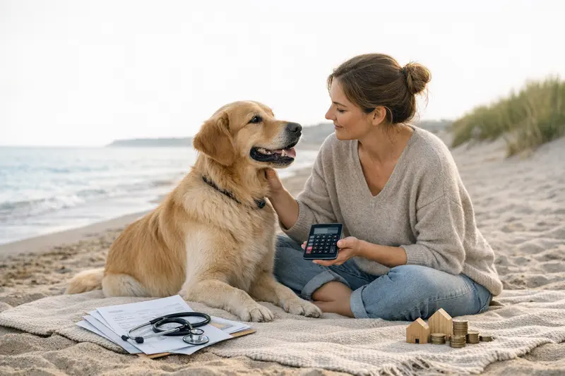 Hund am Strand: Kosten für Tierarzt und Versicherung im Fokus Ein Hund springt glücklich am Strand entlang, während sein Besitzer die Tierarztkosten im Blick hat.