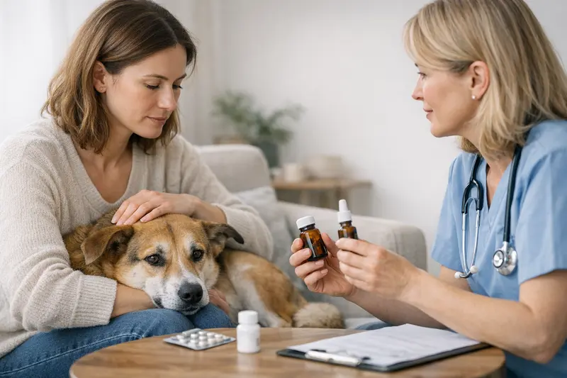 Tierarzt berät Hundebesitzer über die sichere Dosierung von Beruhigungsmitteln für Hunde.