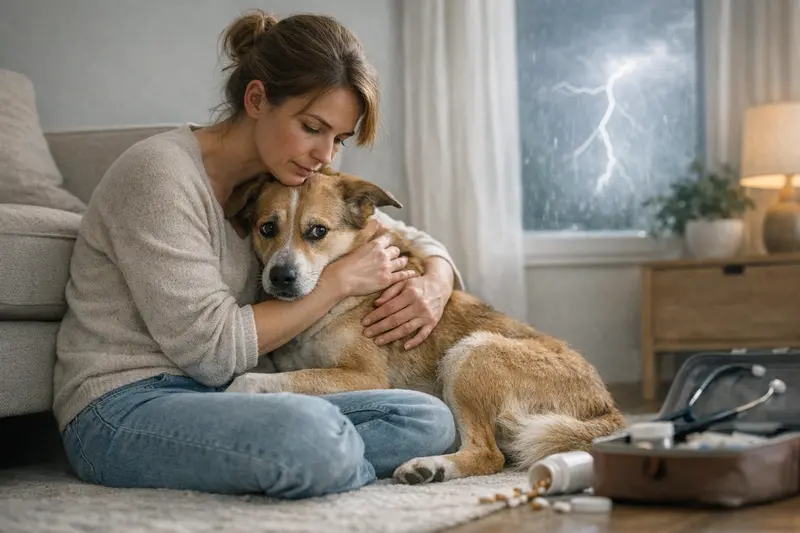 Hund mit Gewitterangst Ein Hund sitzt ängstlich während eines Gewitters und zeigt Anzeichen von Stress.