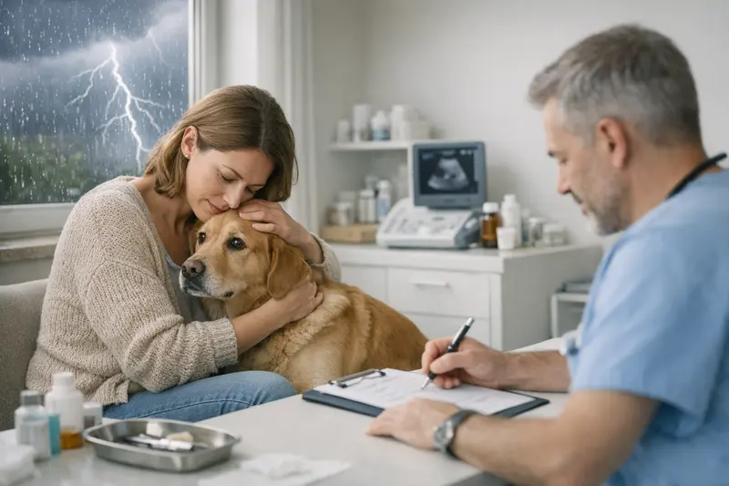 Hund mit Angst während eines Gewitters in einer Tierarztpraxis