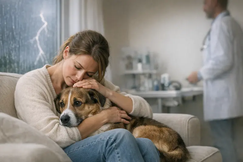 Hundebesuch beim Tierarzt bei Angst Ein Hund mit ängstlichem Blick sucht Trost bei seinem Besitzer während eines Gewitters.