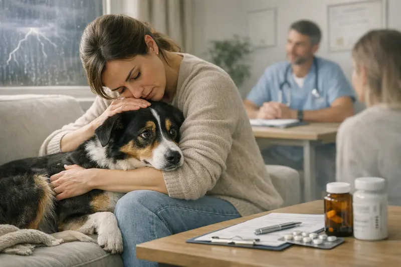 Ein Hund zeigt Anzeichen von Angst während eines Gewitters, was die Notwendigkeit einer passenden Tierkrankenversicherung verdeutlicht.