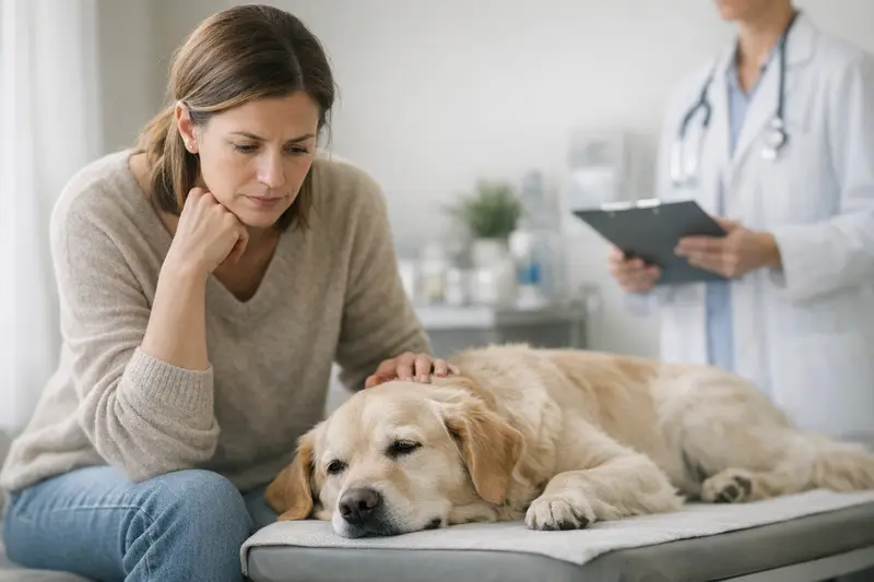 Hund mit anhaltenden Symptomen beim Tierarzt Ein Hund mit anhaltenden Symptomen, der tierärztlich untersucht wird.
