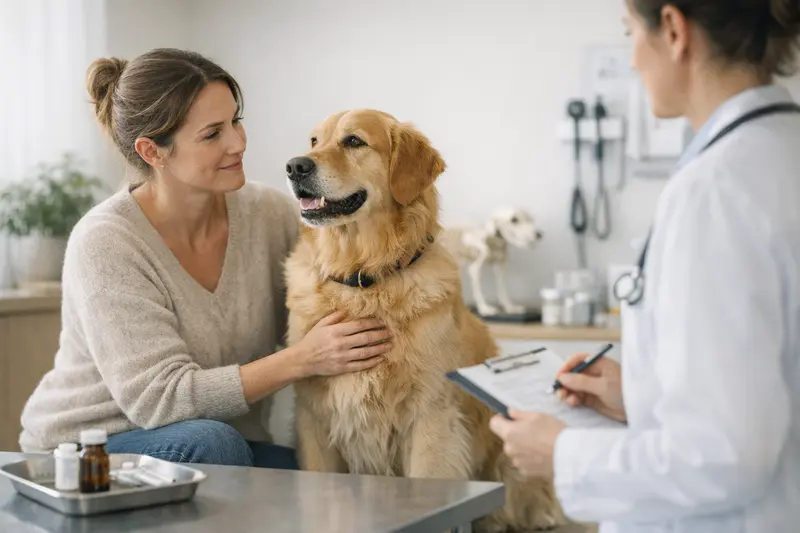 Routine-Check beim Tierarzt für Hunde Ein Hundebesitzer bringt seinen Hund zu einem Routine-Check beim Tierarzt.