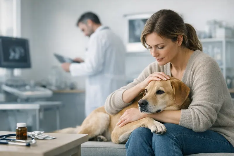 Hund beim Tierarzt zur Diagnostik Ein Hund beim Tierarzt wird untersucht, um gesundheitliche Probleme zu diagnostizieren.