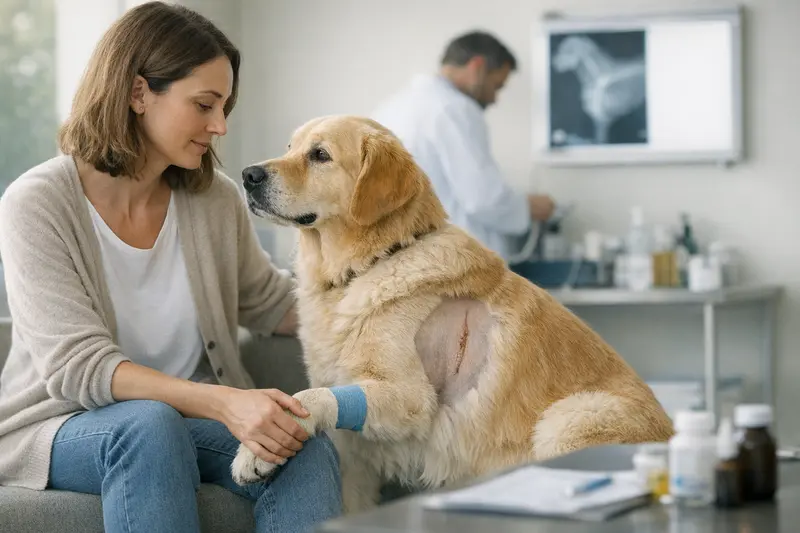 Tierarztbesuch zur OP-Versicherung Ein Hund erhält eine Tierarztuntersuchung, um sicherzustellen, dass die OP-Versicherung auch Diagnostik und Nachsorge abdeckt.