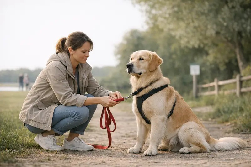 Anleinpflicht für Hunde im Park Hunde im Stadtpark, angeleint, umgeben von unterschiedlichen Schildern zu den Anleinpflichten in anderen Bereichen.