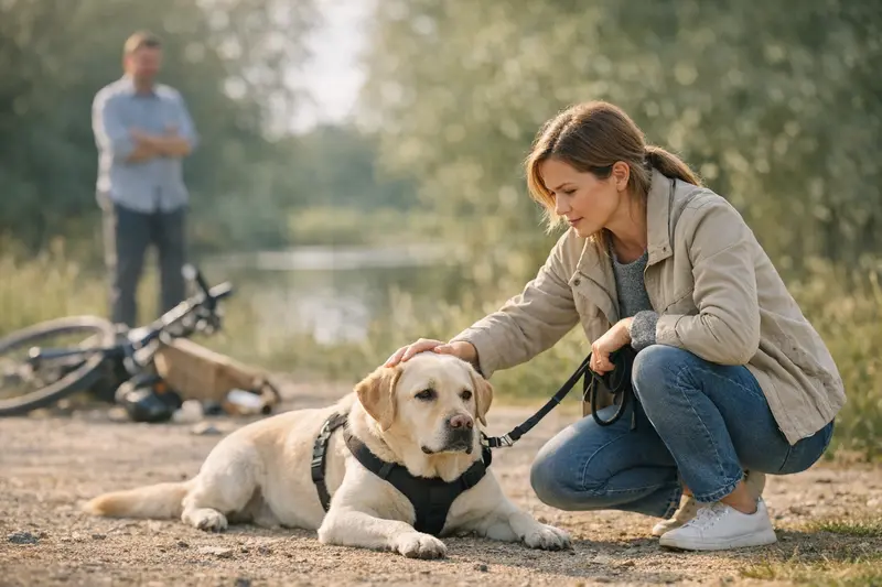 Angeleinter Hund auf dem Bürgersteig Ein angeleinter Hund läuft auf einem Bürgersteig und wird von seinem Besitzer beaufsichtigt.
