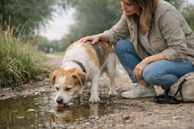 Ein Hund trinkt vorsichtig aus einer Pfütze, während sein Frauchen aufmerksam zuschaut.