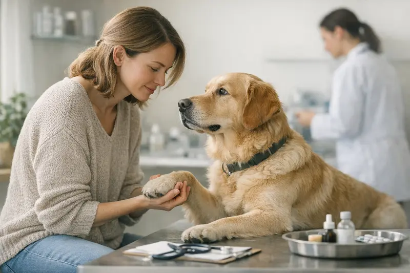 Vorsorge im Tarif der Hundekrankenversicherung Eine Hundebesitzerin beim Tierarzt, die über Vorsorgeuntersuchungen für ihren Hund nachdenkt.