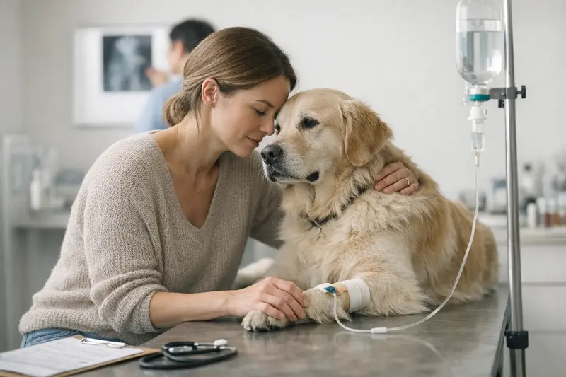 Hundekrankenversicherung Beratung beim Tierarzt Eine Hundebesitzerin konsultiert einen Tierarzt zur Krankenversicherung ihres Hundes, während sie wichtige Punkte klärt.