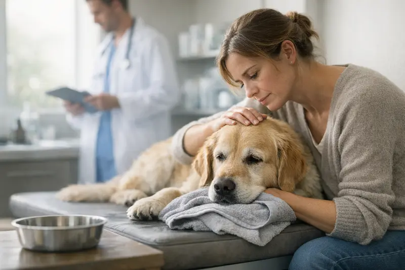Hund und Pfütze – Gesundheitsrisiken erkennen Ein Hund steht an einem Pfütze und schaut besorgt.