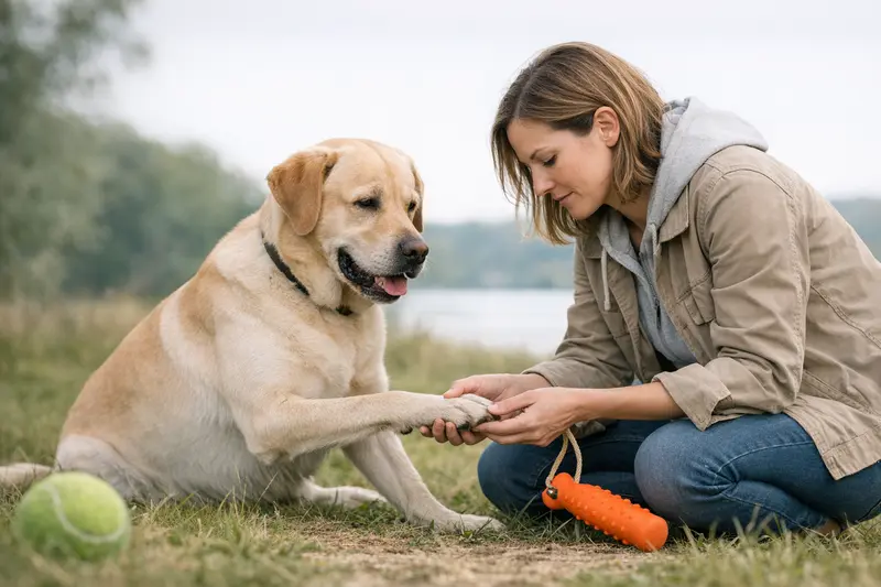 Hundehalter trainiert seinen Hund mit einem sicheren Wurfobjekt im Park, um das Risiko beim Apportieren zu reduzieren.