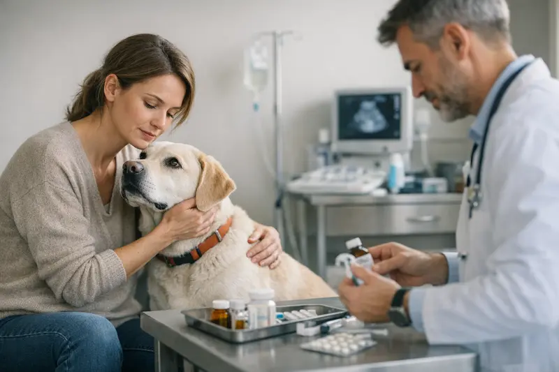 Hundedame liegt im sicher eingerichteten Arbeitszimmer und wird von ihrem Besitzer beobachtet, während er am Schreibtisch arbeitet.