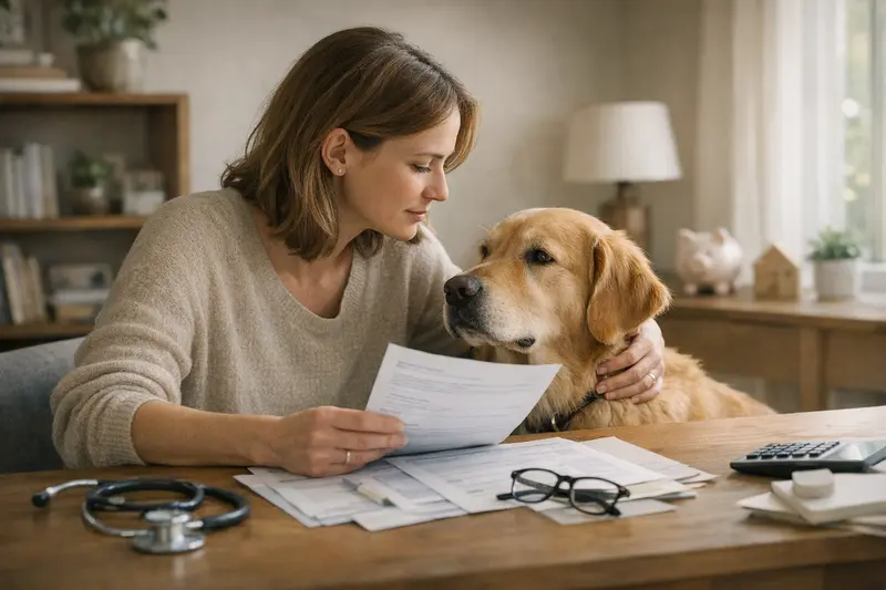 Tierkrankenversicherung prüfen Gesunder Hund mit Besitzer, der Überlegungen zur Tierkrankenversicherung anstellt.