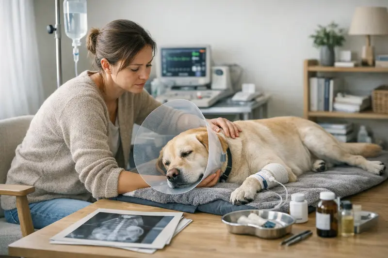 Ein Hund bei der Untersuchung beim Tierarzt, um die häufigsten Risiken für hohe Tierarztkosten zu ermitteln.