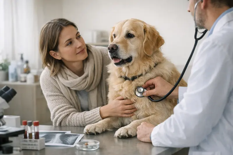 Ein Hund beim Tierarzt zur Untersuchung von Husten mit diagnostischen Tests.