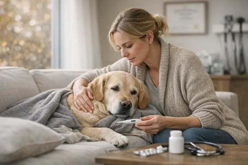Hundehalter überprüft den Gesundheitszustand seines Hundes vor der kälteren Jahreszeit.