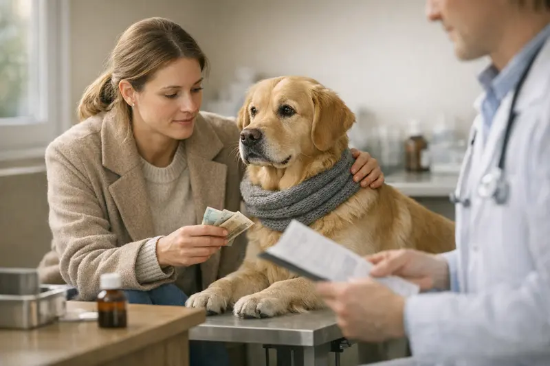 Selbstbeteiligung bei Tierarztbesuchen für Hunde Hund, der entspannt beim Tierarzt sitzt, um die wichtigen Aspekte der Selbstbeteiligung bei Tierarztbesuchen zu klären.