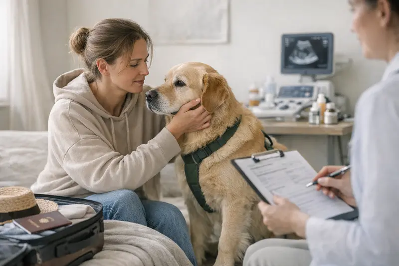 Überprüfung der Hundeversicherungsbedingungen vor Reisen Hundehalter überprüft die Versicherungsbedingungen für Reisen mit seinem Hund.