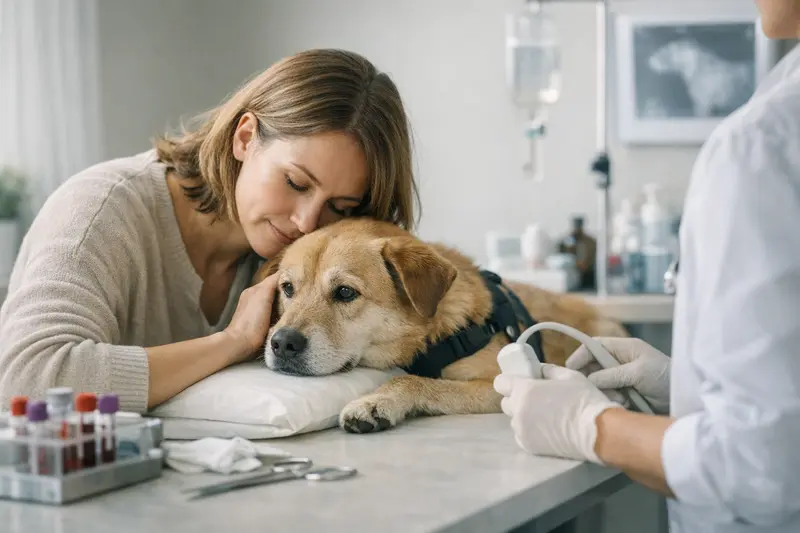 Ein Hund erhält eine tierärztliche Untersuchung während einer Reise