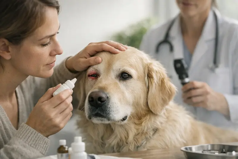 Tierarztbesuch wegen Augenentzündung Hunde mit Augenentzündungen beim Tierarzt zur Untersuchung