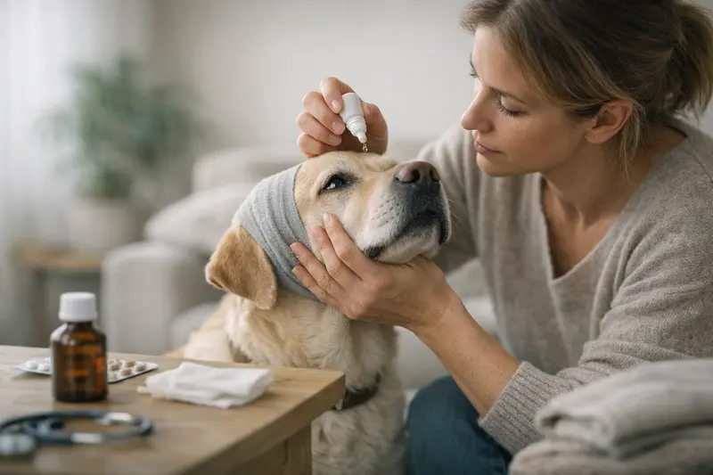 Tierarzt untersucht Hund auf Augenentzündung Hundeaugenentzündung: Tierarzt untersucht einen Hund auf mögliche Nachbehandlungen.