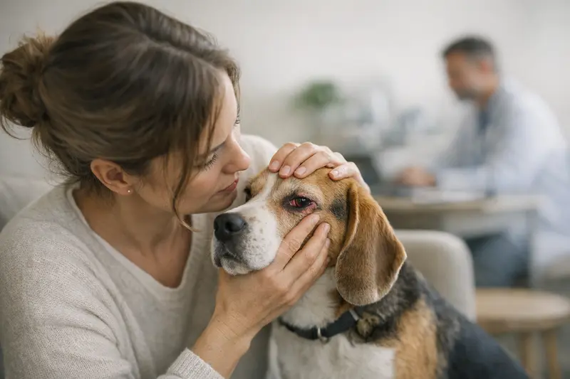 Augenentzündung beim Hund erkennen Ein Hund mit Rötung im Auge, was auf eine mögliche Augenentzündung hinweist.