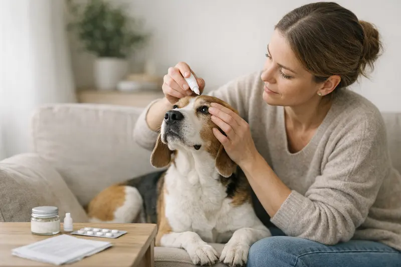 Hund erhält tierärztliche Behandlung wegen Augenentzündung.