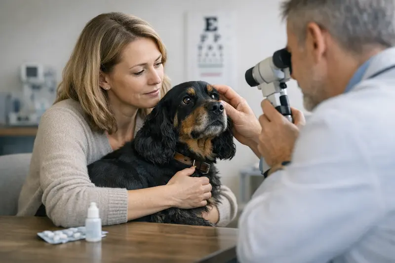 Tierarztbesuch Hund Augenprobleme Hund mit Augenproblemen erhält tierärztliche Untersuchung zur Kontrolle des Augeninnendrucks.
