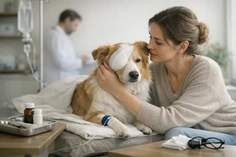 Ein Hund wird in einer Tierarztpraxis nach einer Augenoperation betreut.