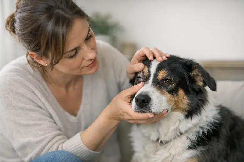 Ein Hund mit Rötung und Trübung im Auge, ein möglicher Hinweis auf erhöhten Augeninnendruck.