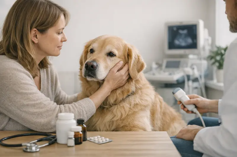 Diagnostik und Medikamente bei Hundeversicherungen Tierarzt untersucht einen Hund auf gesundheitliche Probleme und bespricht Diagnosemöglichkeiten.