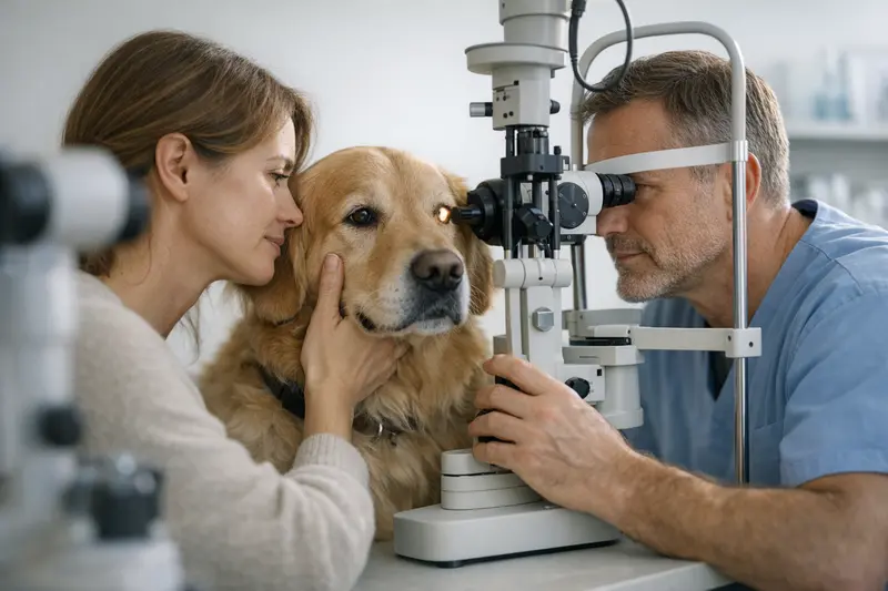 Augenuntersuchung Hund Tierarzt Ein Tierarzt führt eine Augenuntersuchung bei einem Hund durch.
