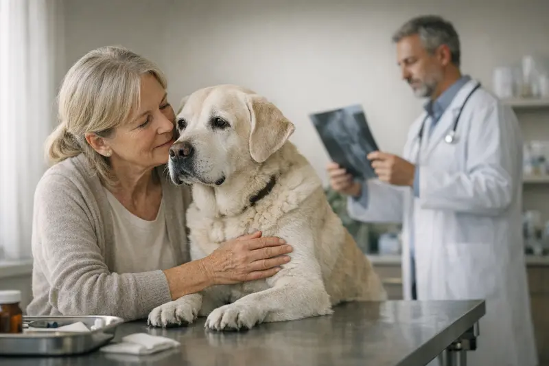 Ein älterer Hund beim Tierarzt zur Untersuchung.
