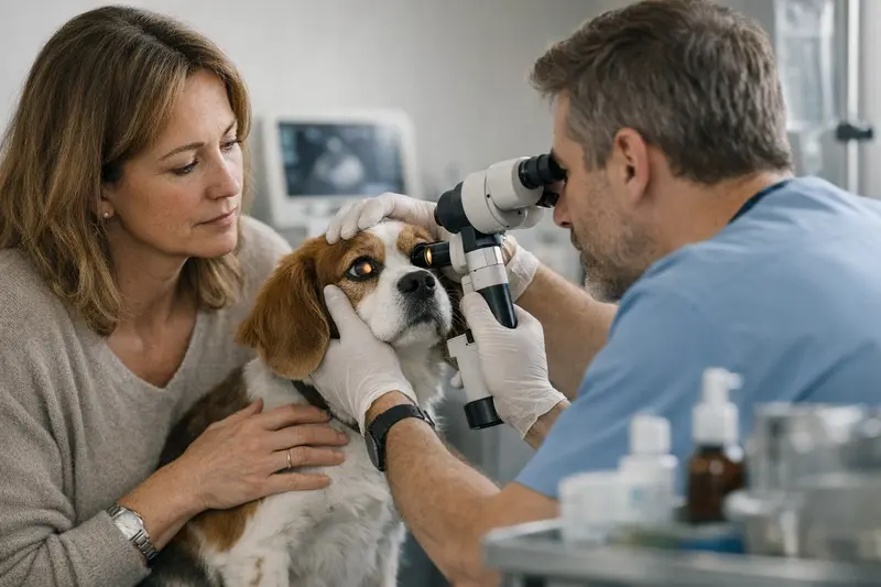 Ein Hund wird beim Tierarzt untersucht, um mögliche Augenprobleme festzustellen.