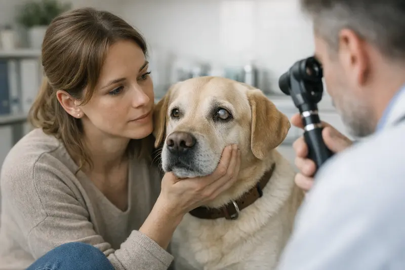 Tierarzt untersucht einen Hund auf Augenkrankheiten