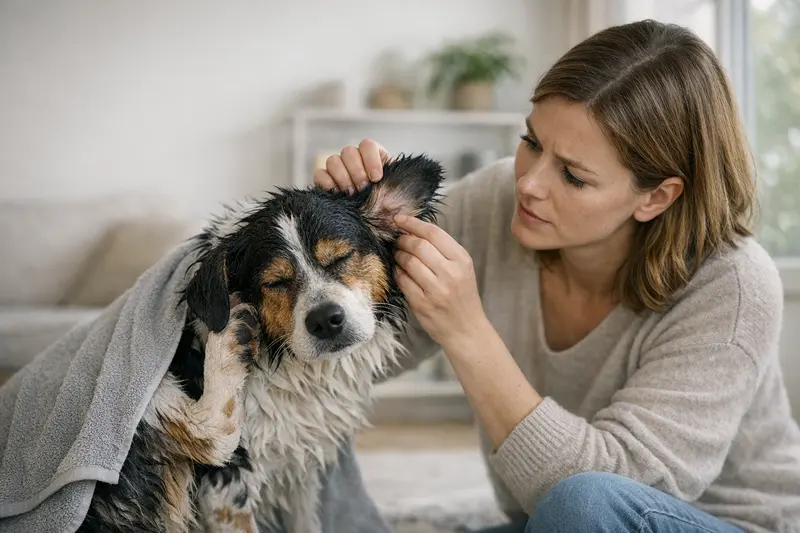Tierarztbesuch nach dem Baden des Hundes Hund wird nach dem Baden vom Tierarzt untersucht, um Hautprobleme zu klären.