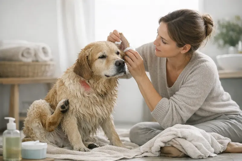 Hund nach dem Baden auf mögliche Probleme überprüfen Hund wird nach dem Baden betrachtet, um mögliche Hautreizungen und Ohrenentzündungen zu überprüfen.