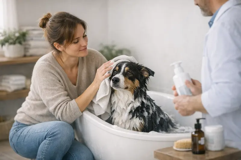 Ein Hund wird sanft in der Badewanne gewaschen, um die richtige Fellpflege zu demonstrieren.