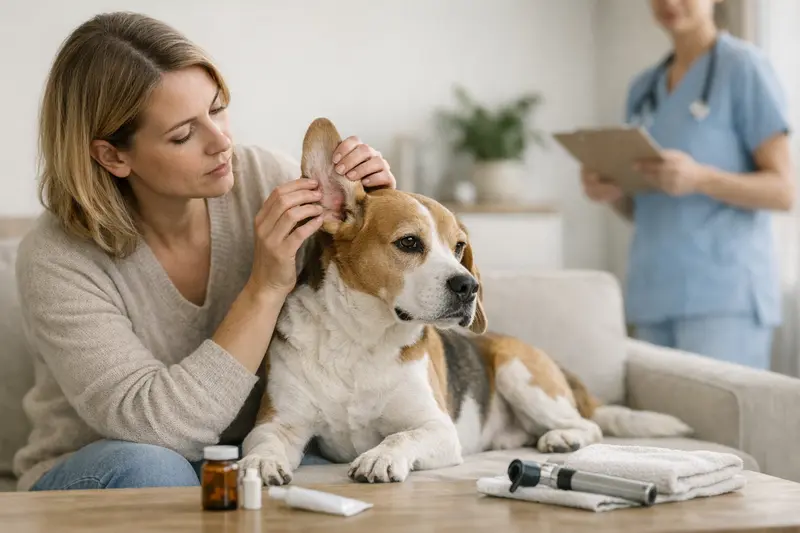 Hund beim Tierarzt Szenenbild von einem Hund beim Tierarzt, der auf Ohrenentzündung untersucht wird.