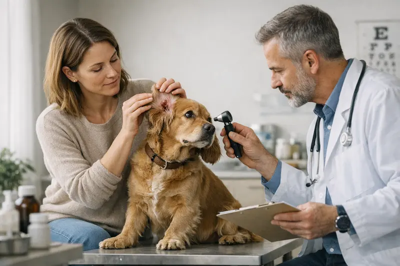 Tierarzt untersucht einen Hund mit Hautproblem auf mögliche Behandlungsansprüche bei einer Tierkrankenversicherung.