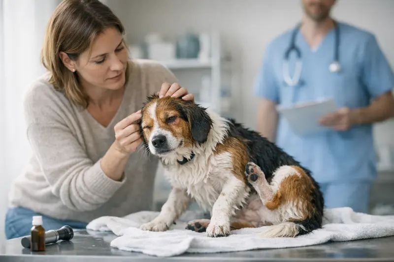 Hundebesitzerin besucht Tierarzt nach dem Baden Eine besorgte Hundebesitzerin hält ihren Hund nach dem Baden in der Tierarztpraxis